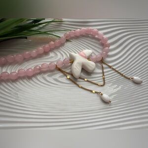 Elegant Pink quartz Beaded Necklace with bird  Pendant